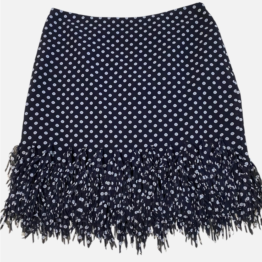 Ann Taylor Navy and White Polka Dot Fringe Hem Mini Skirt